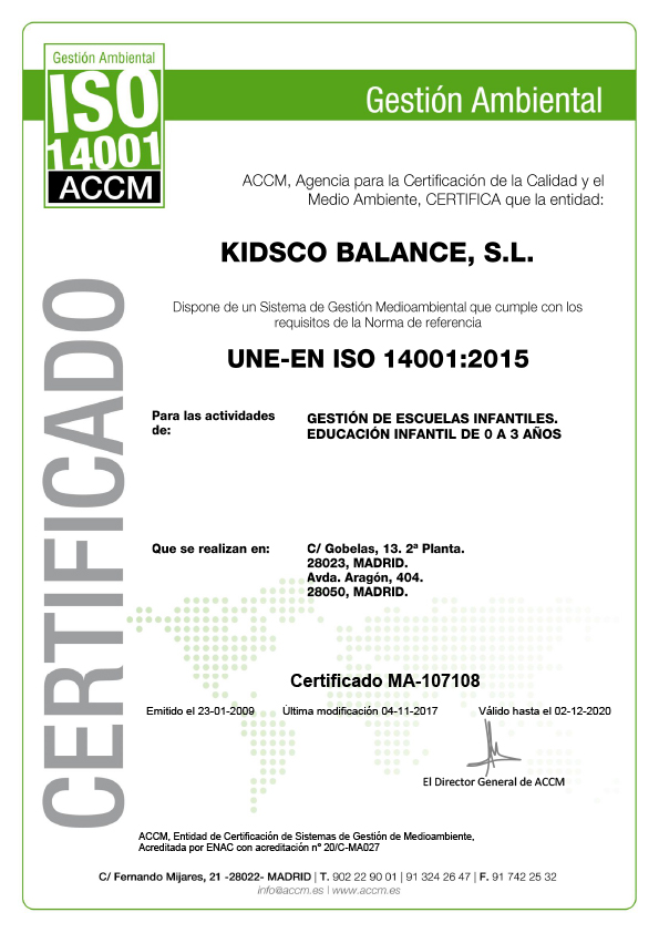 Kidsco - Certificado de Medio Ambiente ISO 14001